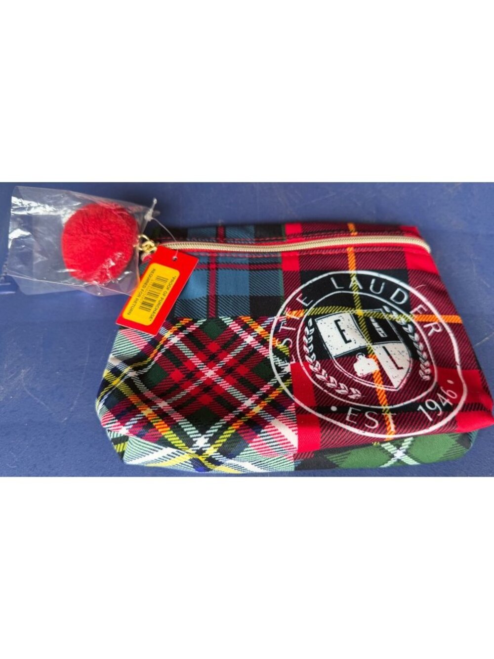 Estee Lauder Plaid Zipper Cosmetic Pouch Bag w/Pom-Pom Charm 5.5" Tall (NEW)